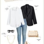 Outfit graphic of a black blazer, white button down, mid-wash skinny jeans, black sunglasses, Chanel Mary Jane pumps, a beige Tory Burch handbag and long layered gold chain necklaces.