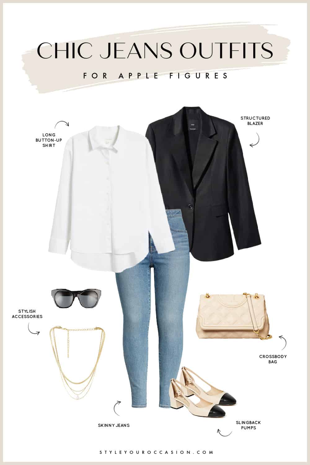 Outfit graphic of a black blazer, white button down, mid-wash skinny jeans, black sunglasses, Chanel Mary Jane pumps, a beige Tory Burch handbag and long layered gold chain necklaces.