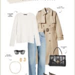 An outfit graphic of a trench coat, white sweater, light wash straight leg jeans, black sunglasses, mini gold hoop earrings, black Tory Burch handbag, and snakeskin Oxford loafers.
