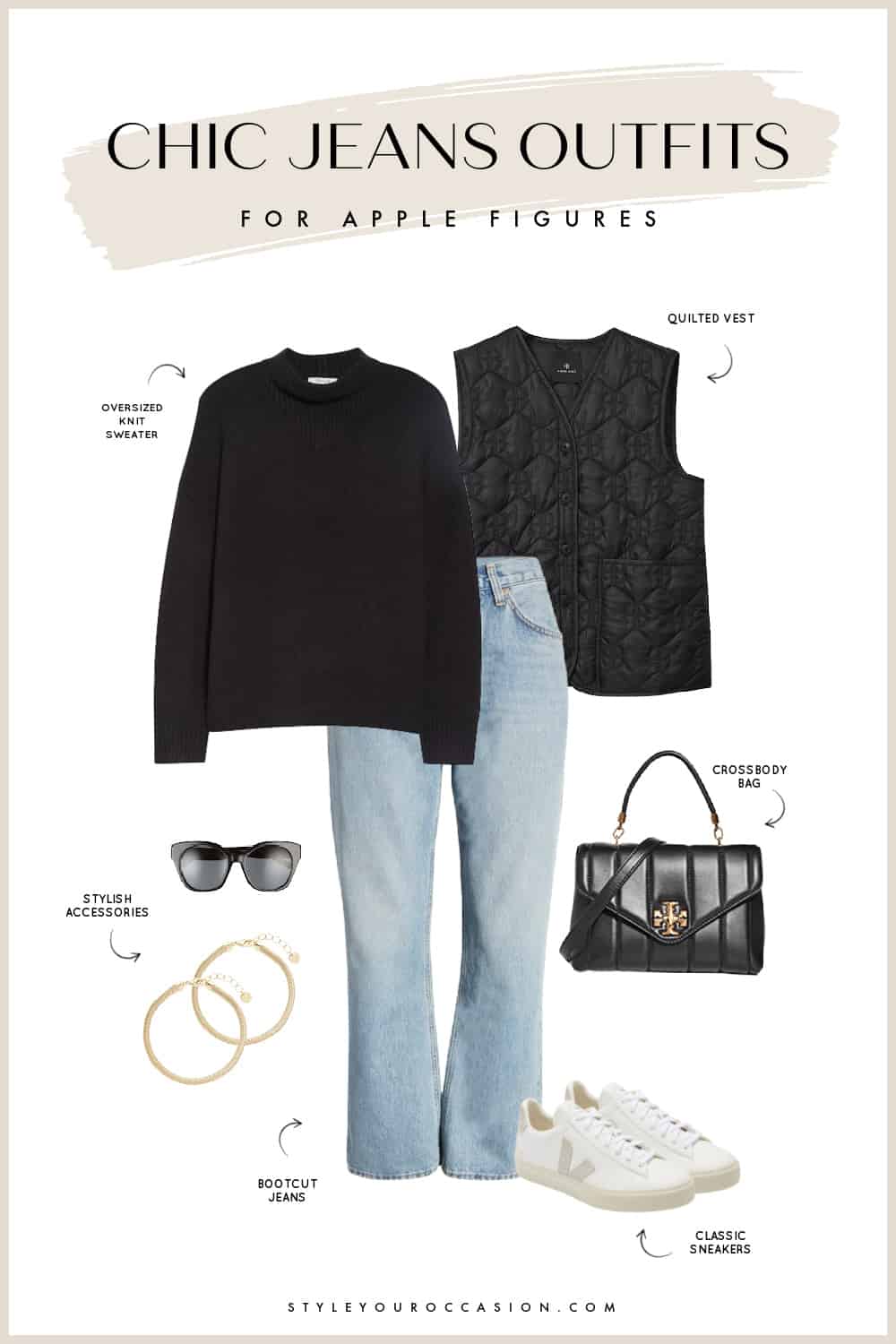 Outfit graphic with a quilted black vest, black sweater, straight leg jeans, gold hoop earrings, black sunglasses, white Veja sneakers, and a black Tory Burch handbag.