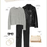 Outfit graphic of a gray sweater, oversized black leather jacket, black straight leg jeans, gold hoop earrings, white Veja sneakers, and a beige Tory Burch handbag.