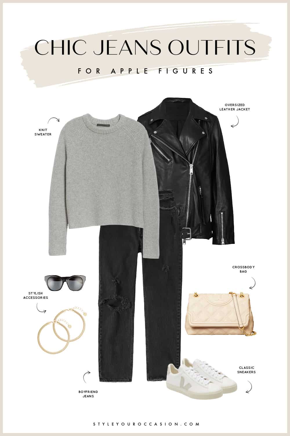 Outfit graphic of a gray sweater, oversized black leather jacket, black straight leg jeans, gold hoop earrings, white Veja sneakers, and a beige Tory Burch handbag.