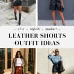 collage of four women wearing stylish outfits with leather shorts