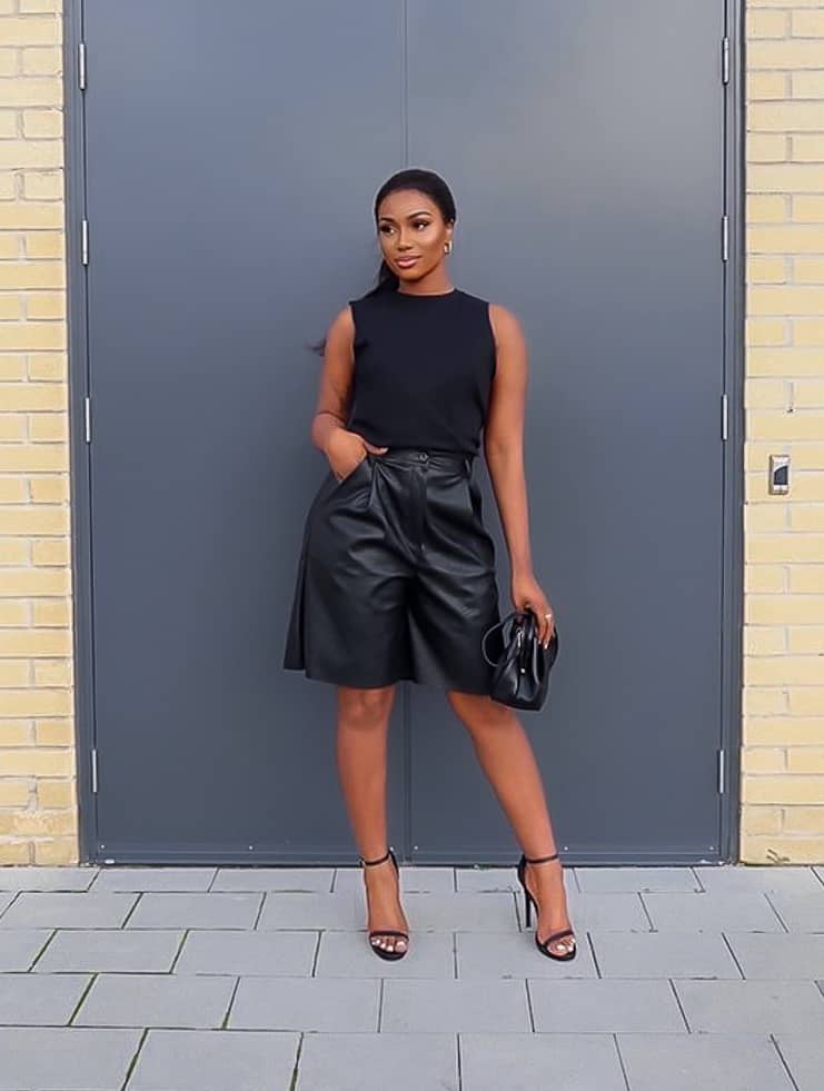 a woman wearing black leather shorts with a black crewneck tank, strappy black heels, and a black handbag