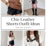 collage of a woman wearing four different outfits with black leather shorts