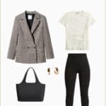 Business casual outfit collage with a blazer, cashmere t-shirt, black leggings, a black tote, and black loafers