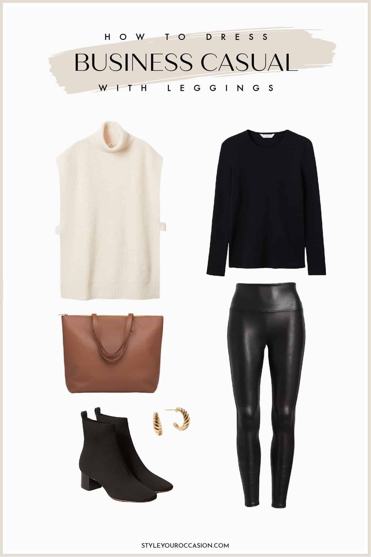 Business casual outfit collage with an overized tunic, black sweater, black faux leather leggings, a brown tote, and black ankle boots