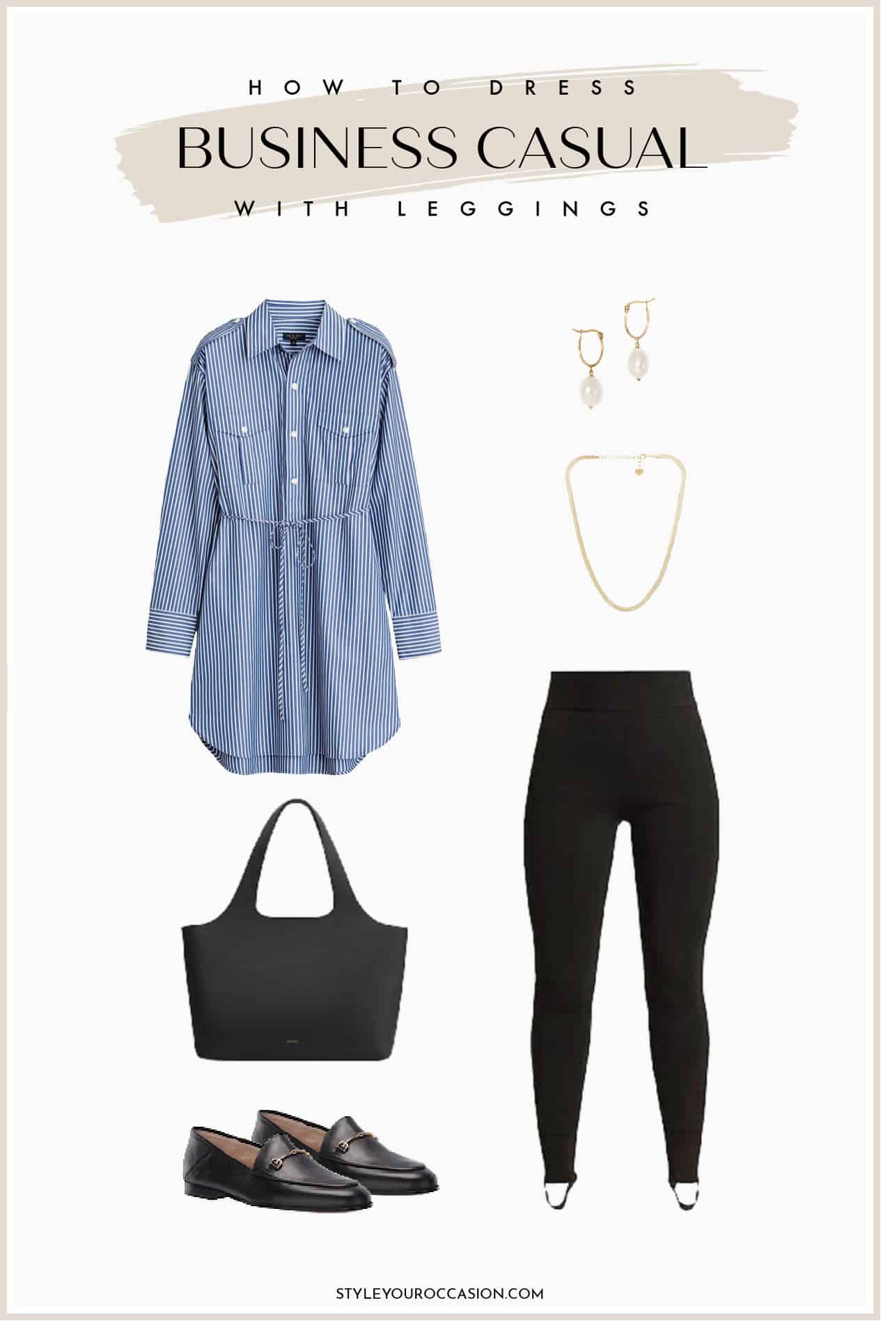 Business casual outfit collage with a white and blue striped shirt dress, black leggings, a black tote, and black loafers