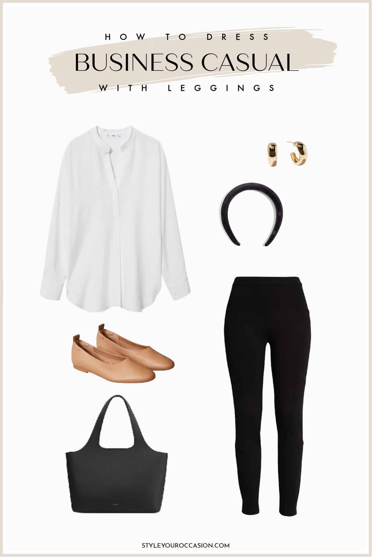 Business casual outfit collage with a white oversized long sleeve blouse, black leggings, a black tote, and tan ballet flats