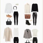 Outfit collage with four different business casual outfits with black leggings