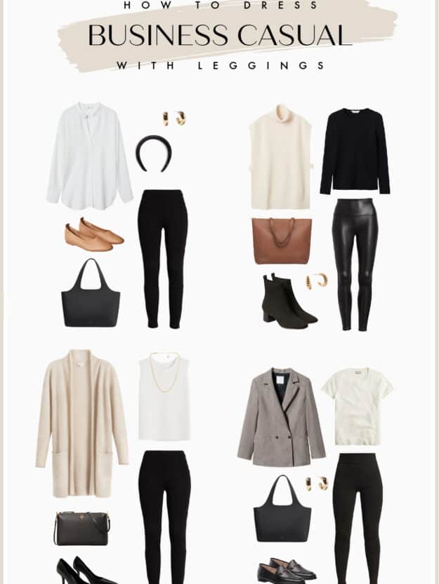 Outfit collage with four different business casual outfits with black leggings