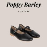 Pinterest image with text "an honest Poppy Barley review" and a pair of black Mary Jane flats