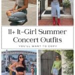 collage of four women wearing stylish outfits for a summer concert with text overlay "11+ It Girl Summer Concert Outfits"