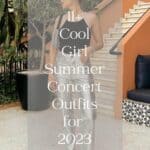 woman wearing a black tank top with silver metallic pants and black heeled sandals with text overlay "11+ Cool Girl Summer Concert Outfits"