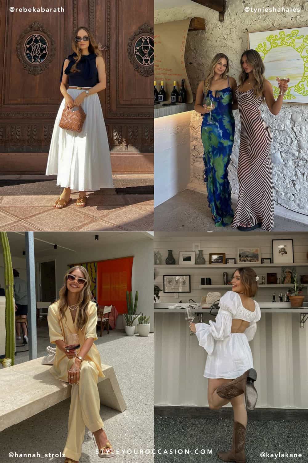 collage of four women wearing stylish outfits at a winery 