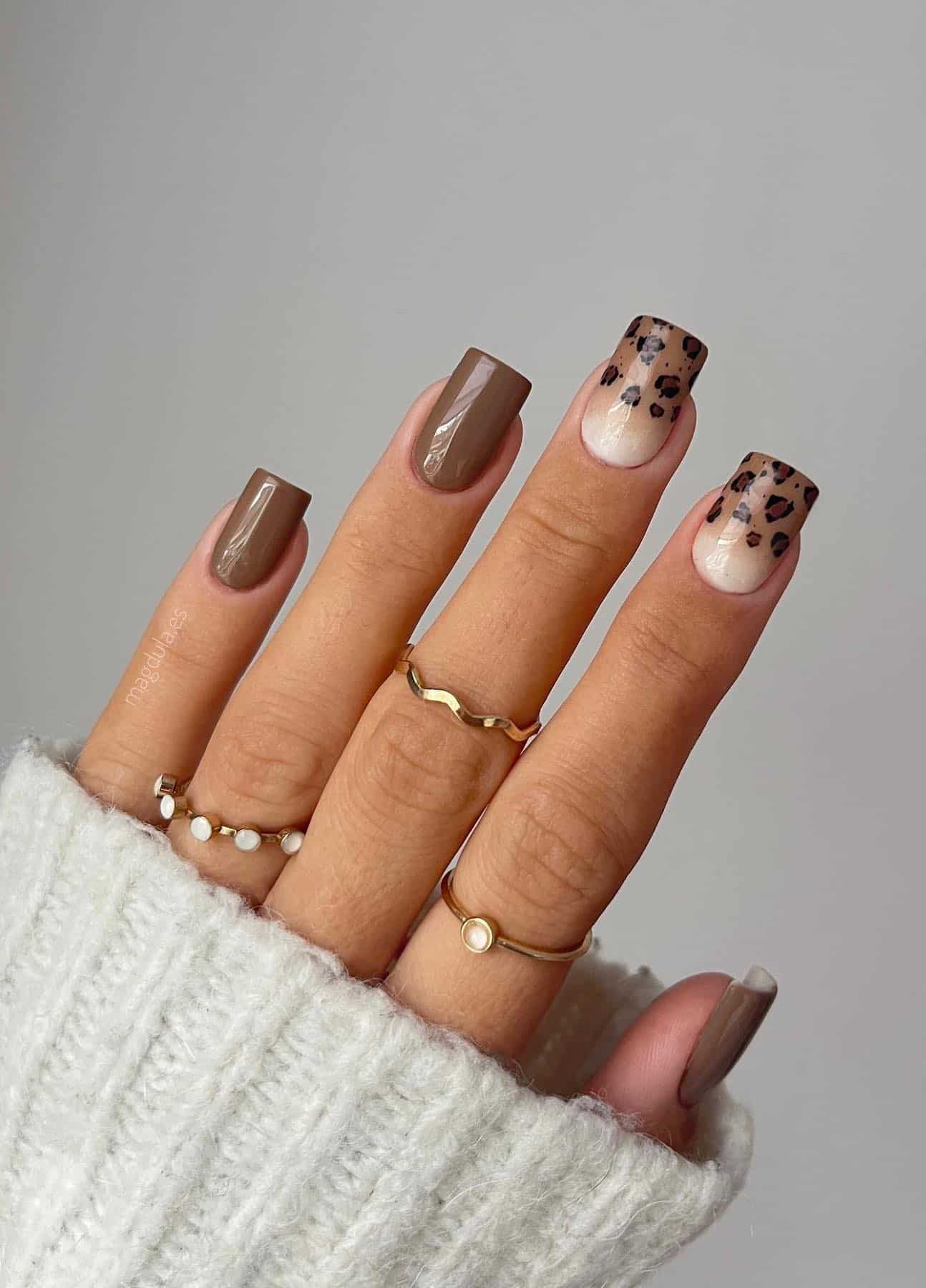 A hand with square nails painted with brown nail polish and two accent nails with white to brown ombre and animal print