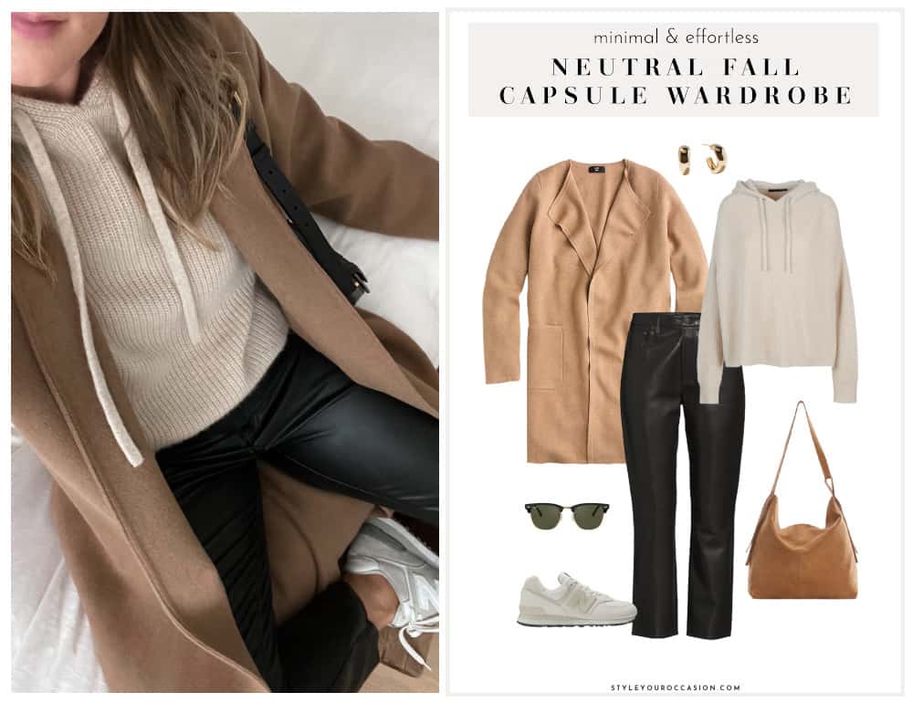 outfit graphic with a camel coatigan, knit hoodie, leather pants, sneakers, and a suede brown bag for a fall capsule wardrobe