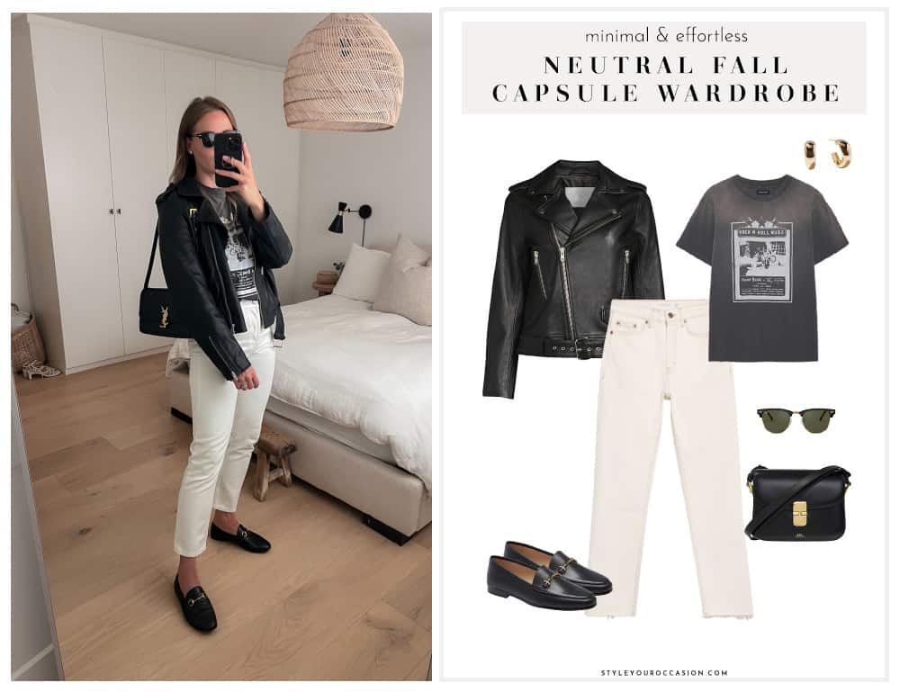 outfit graphic with a black leather jacket, graphic t-shirt, off-white jeans and black loafers as part of a fall capsule wardrobe outfit for 2023