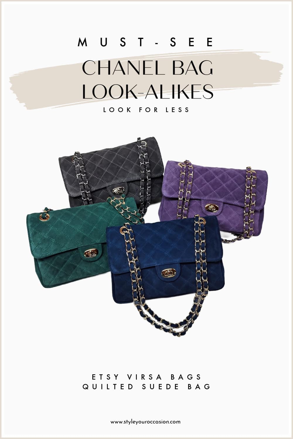 image of four quilted suede bags that are dupes of the Chanel suede flap bag