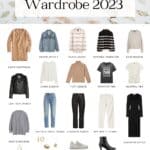 graphic of a Fall Capsule Wardrobe for 2023 with neutral colors and minimal clothing, footwear, and accessories