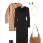 fall capsule wardrobe outfit graphic with a black knit sweater dress, camel cardigan coat, black ankle boots, and a suede brown bag
