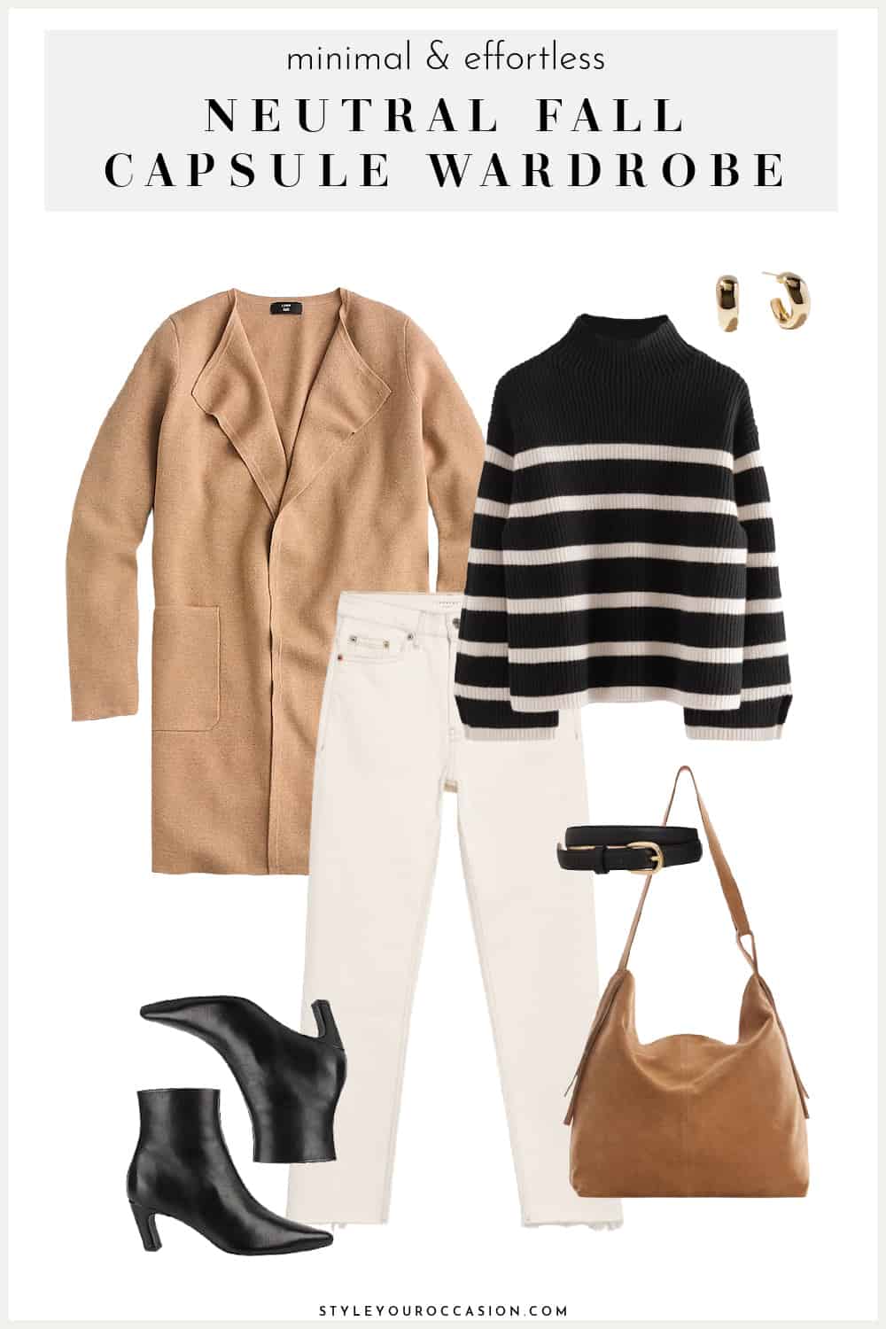 fall capsule wardrobe outfit with camel coat cardigan, striped sweater, off-white jeans, black boots, and suede bag