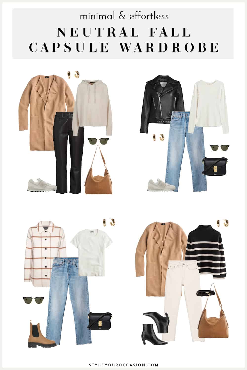 collage of four outfits from a 2023 Fall Capsule Wardrobe with neutral colored clothing, shoes, and accessories