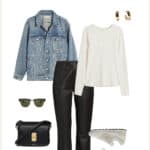 Fall capsule wardrobe outfit with a denim jacket, long sleeve white top, leather pants, white sneakers, and a black crossbody bag