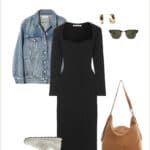 fall capsule wardrobe outfit graphic with a black knit sweater dress, denim jacket, sneakers, and a suede brown bag