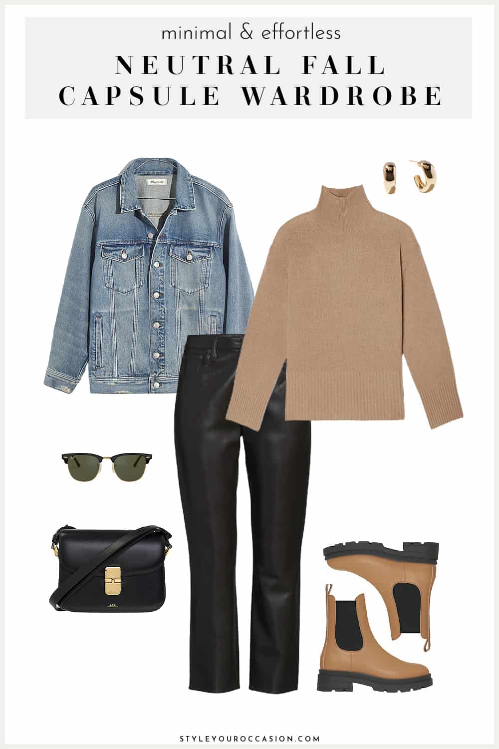outfit graphic with a denim jacket, turtleneck sweater, leather pants, brown boots, and a black bag as part of a fall capsule wardrobe for 2023