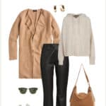 outfit graphic with a camel coatigan, knit hoodie, leather pants, sneakers, and a suede brown bag for a fall capsule wardrobe