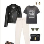 outfit graphic with a black leather jacket, graphic t-shirt, off-white jeans and black loafers as part of a fall capsule wardrobe outfit 2023