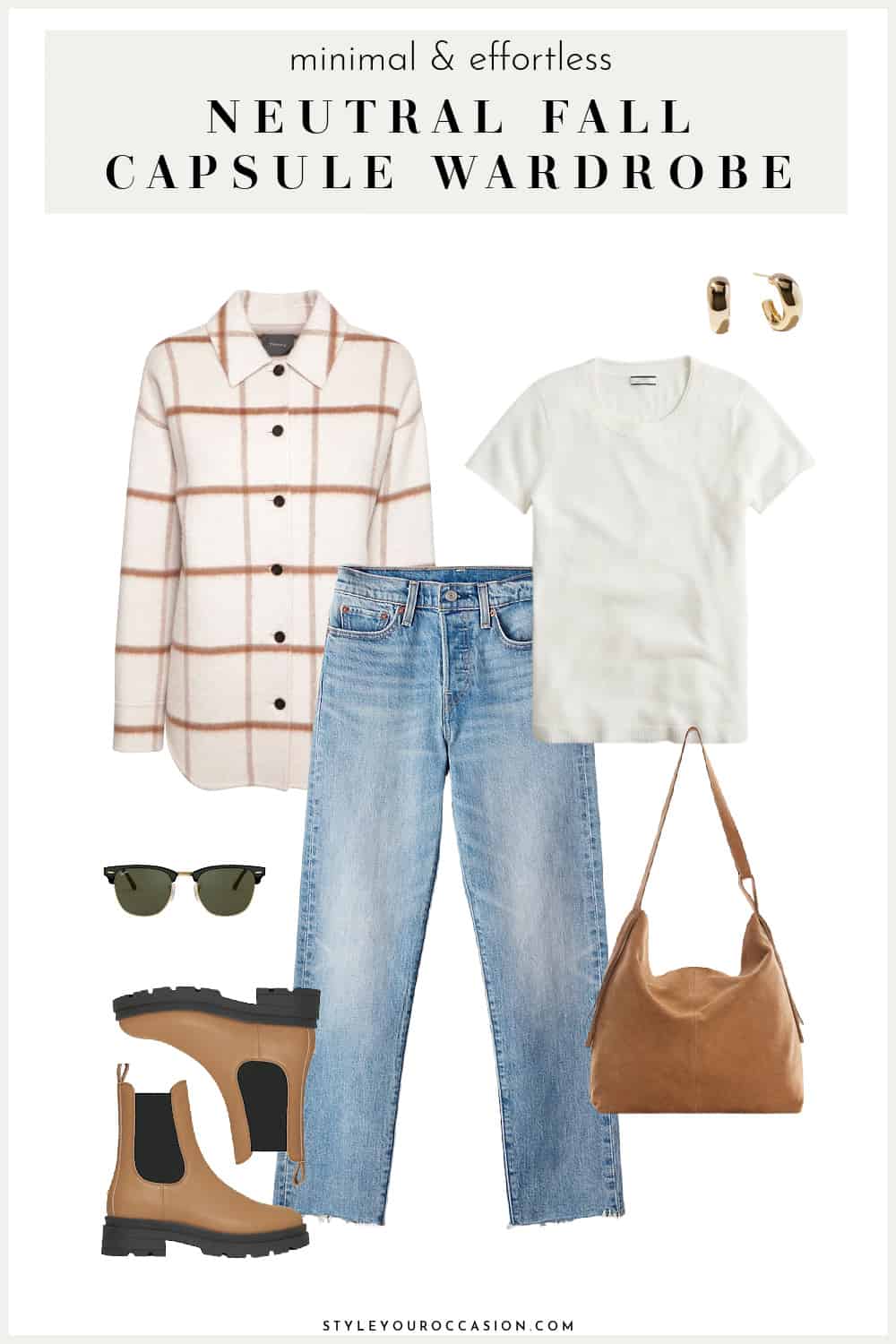 graphic of an outfit with a plaid shirt jacket, ivory tee, jeans, and brown lug boots with a brown suede bag for a fall capsule wardrobe