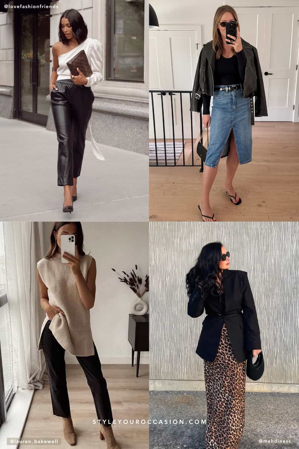 collage of four women wearing stylish fall date night outfits with leather, knits, and leopard