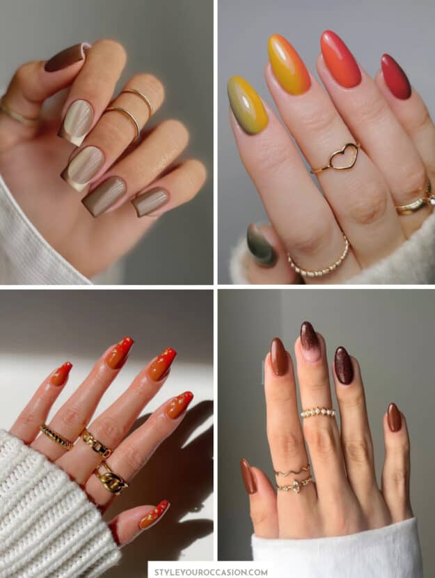 collage of hands with fall ombre nail colors and designs
