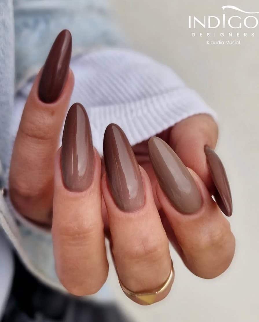 a hand with long almond nails painted a glossy beige to brown ombre
