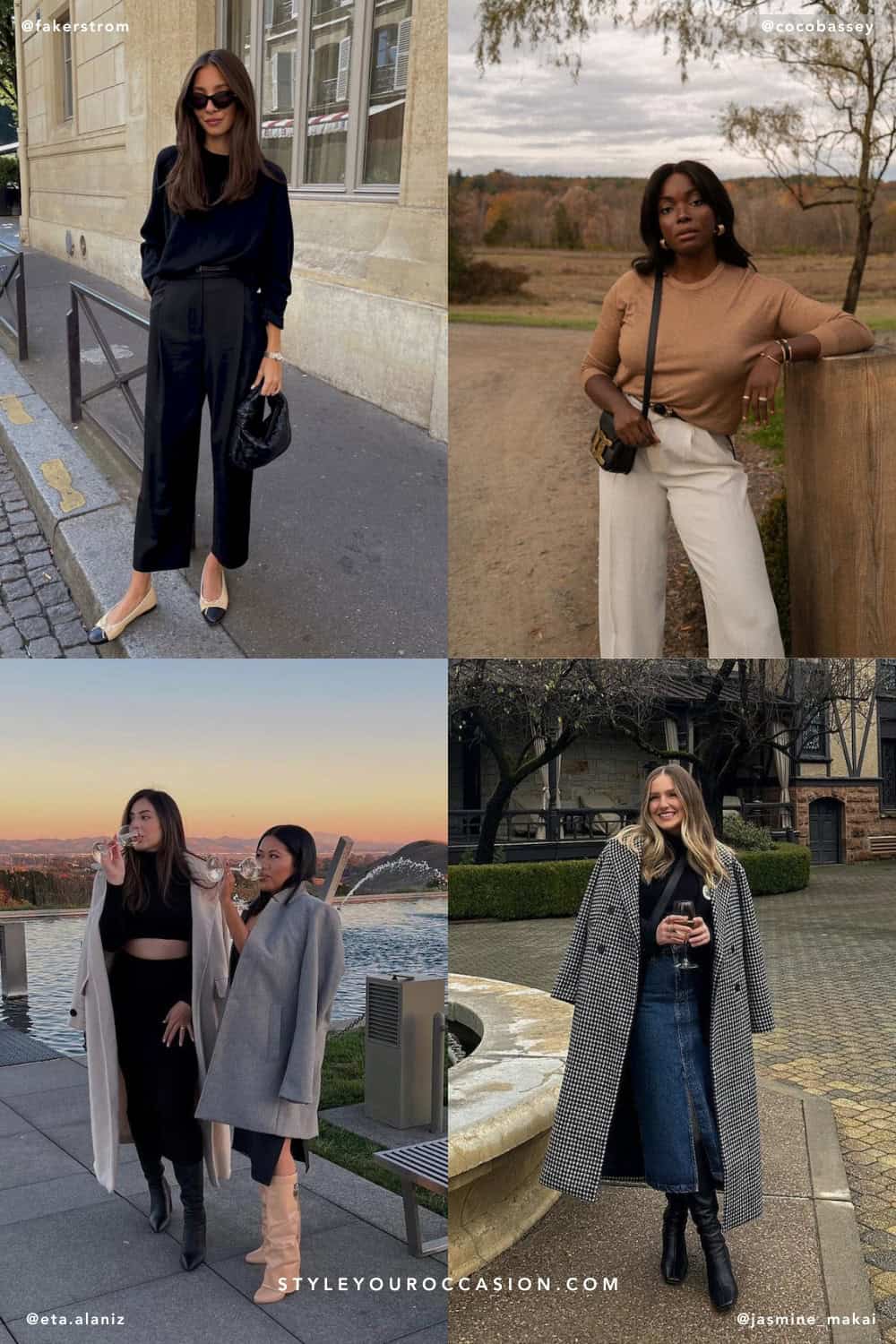 collage of four women wearing stylish fall winery outfits