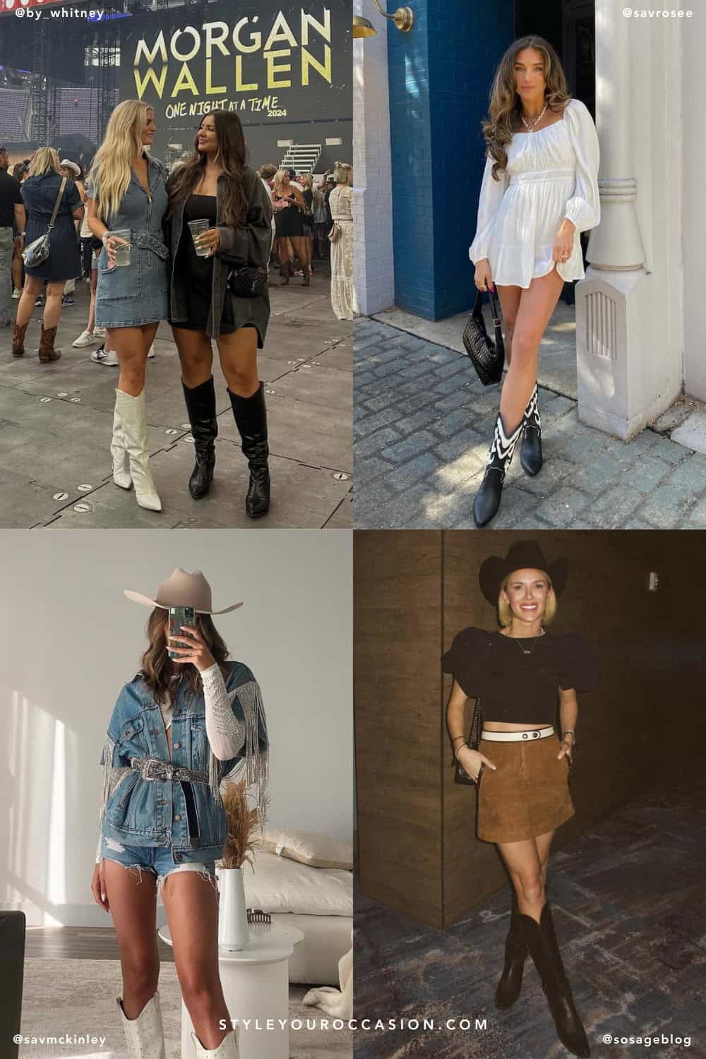 collage of four images of women wearing stylish country concert outfits