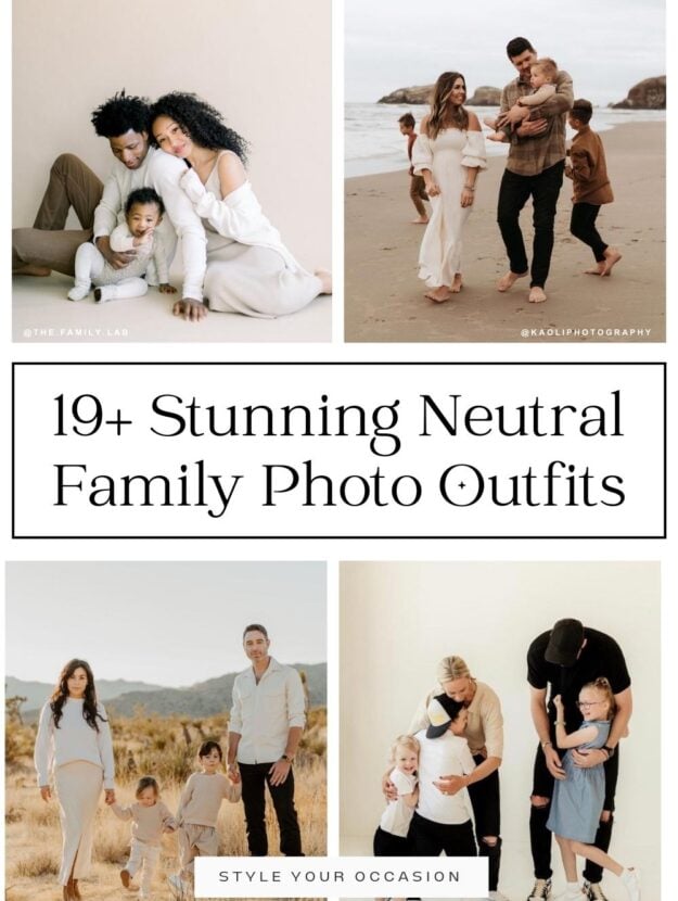 collage of four family photoshoots with different neutral outfit ideas