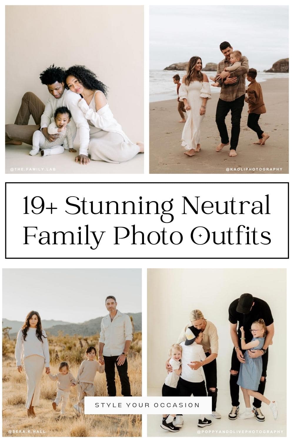 collage of four family photoshoots with different neutral outfit ideas