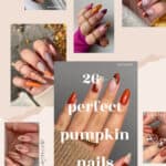 collage of images of hands with pumpkin nail designs
