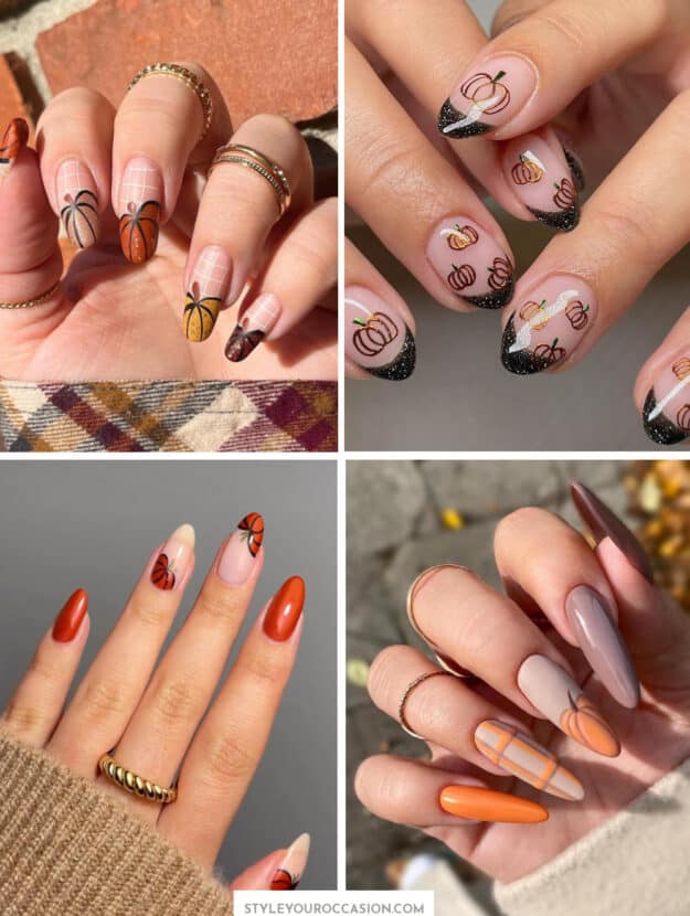collage of images of hands with pumpkin nail designs and pumpkin nail art
