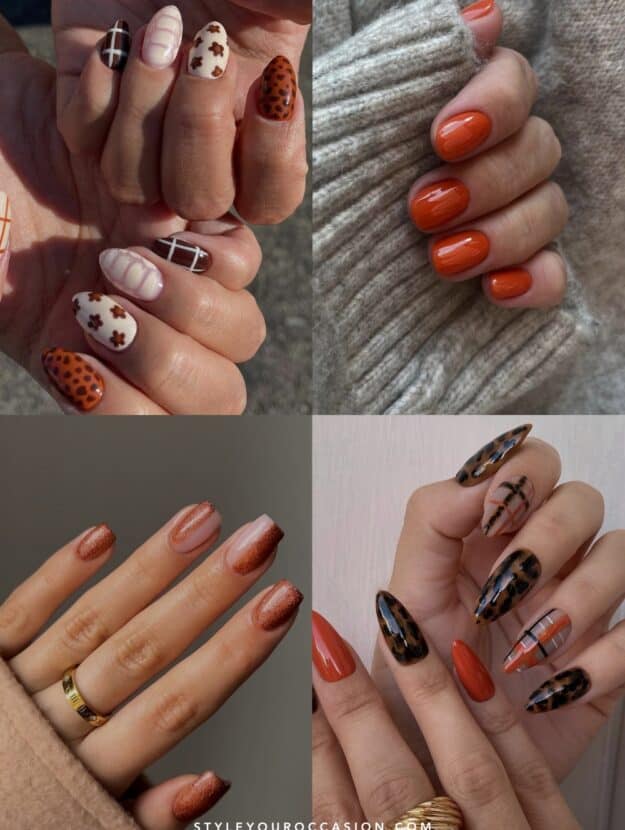 collage of four hands with burnt orange nail designs
