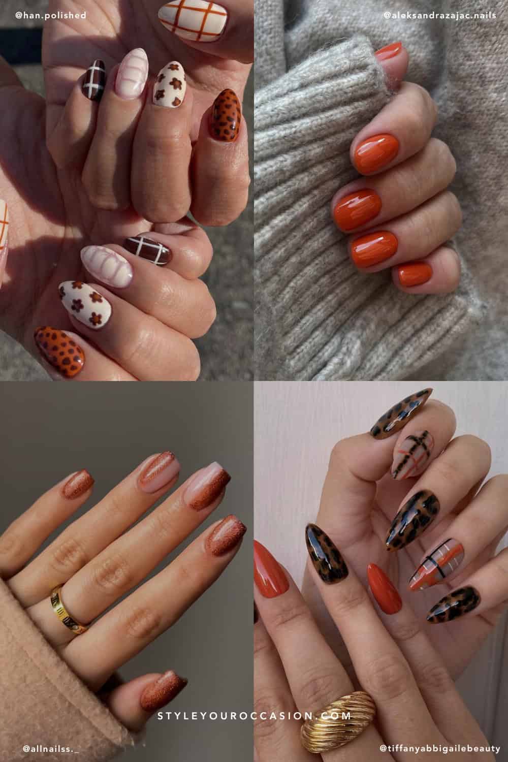 collage of four hands with burnt orange nail designs