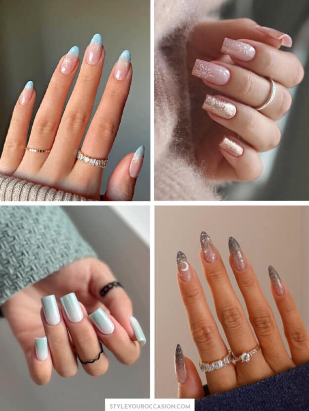 collage of four hands with winter ombre nails designs