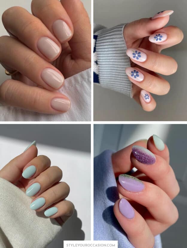 collage of four hands with dip powder nails