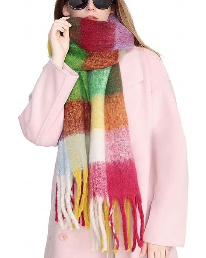 A multi-colored plaid Acne Studios scarf dupe from Amazon with fringed ends