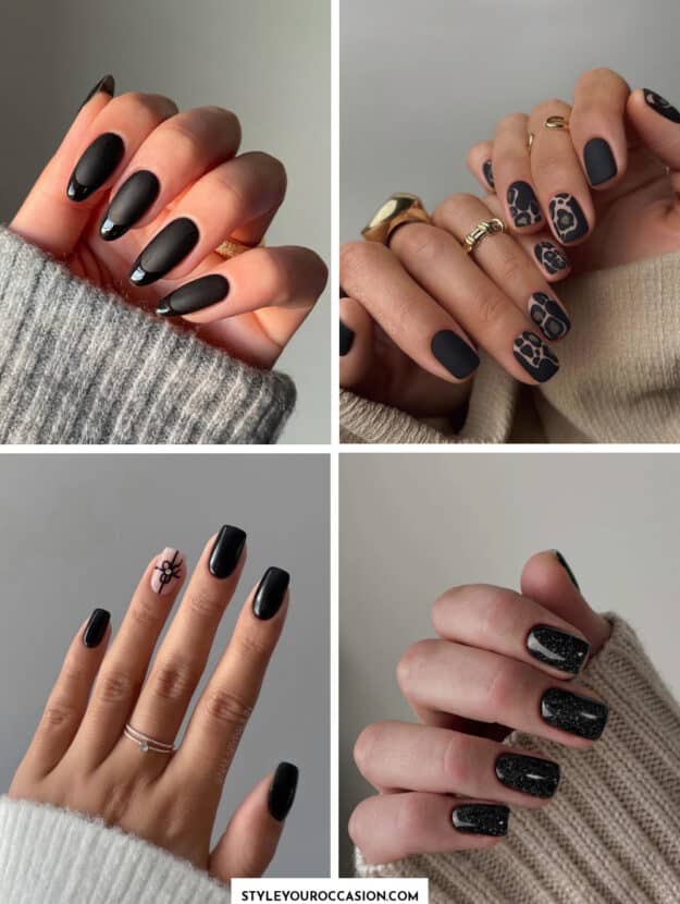 collage of four images with hands with black nail designs and black nail art