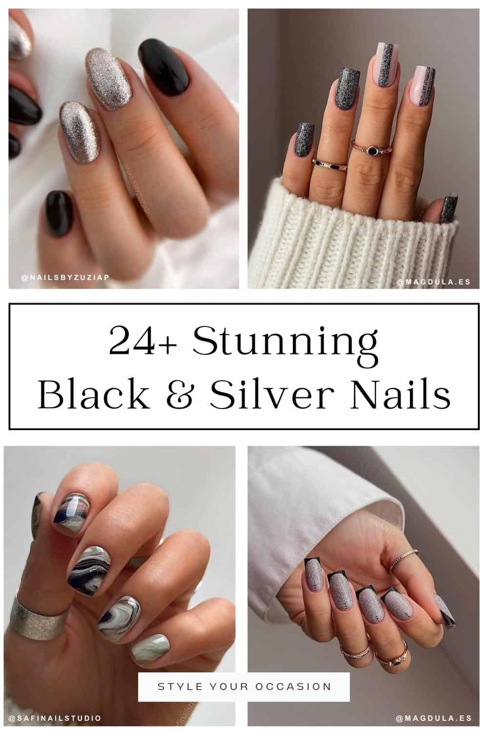 collage of four hands with black and silver nails