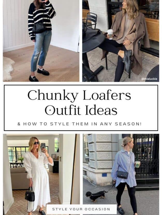 collage of four women wearing stylish outfits with black chunky loafers